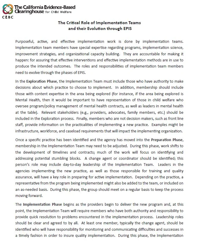 The critical Role of Implementation Teams & their Evolution through EPIS