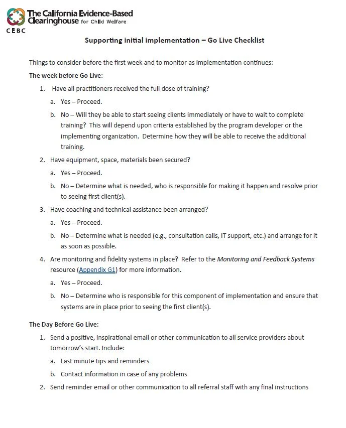Supporting Initial Implementation: Go Live Checklist