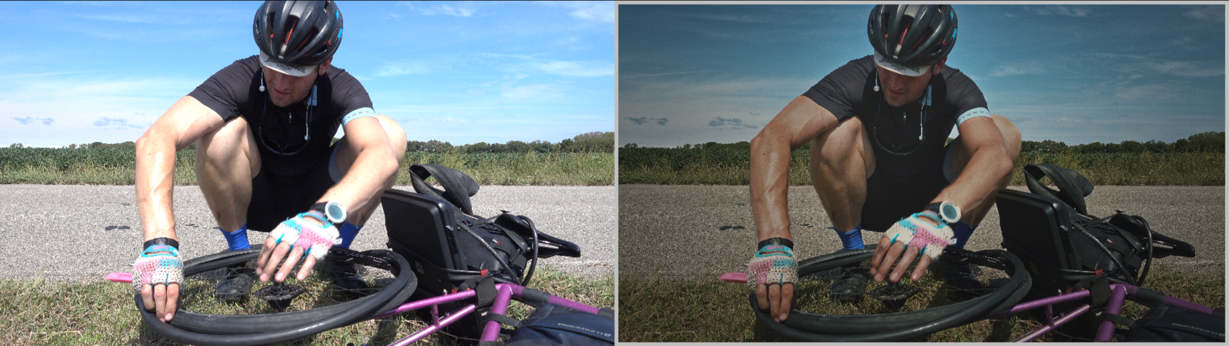 Before (left) and After (After) from a scene of “Dirty Laundry”. Graded in DaVinci Resolve. Most of the trip footage was captured on Panasonic GH4 or Sony RX100miv. Graded to look slightly more cinematic than an action camera.