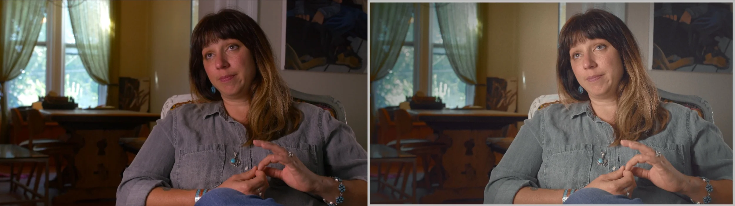 All scenes of the film, with the exception of ‘The Cube’, were meant to feel run and gun. Like they got off their bikes, set up cameras, sat down, and stared the their interview. Before (Left), After (Right).