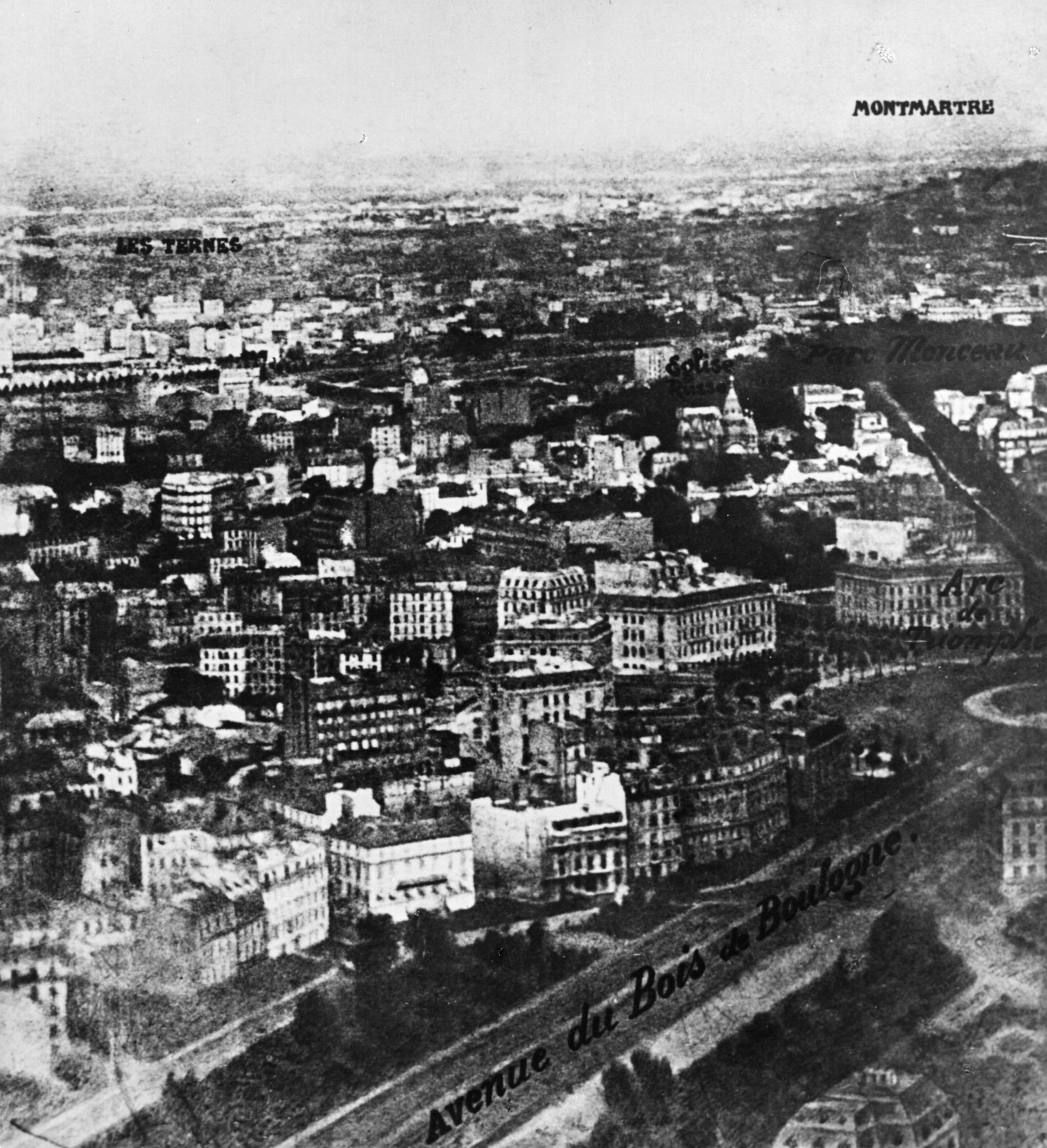 The earliest surviving aerial photograph, taken by Nadar on a hot air balloon.