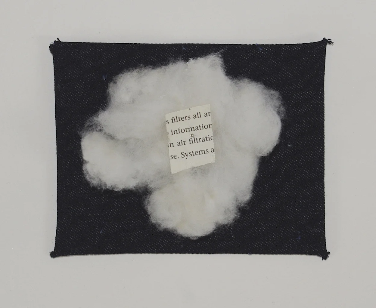 Filter , 2015, found text, cotton, and denim on matte board