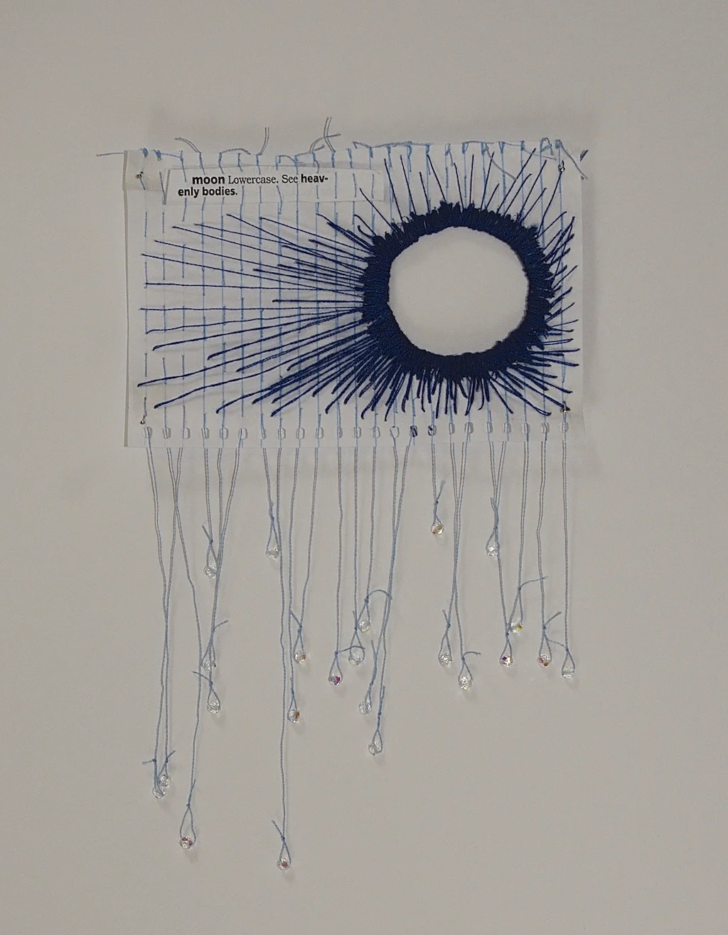 See "Heavenly Bodies," 2014, found text, thread, and mini notebook pape
