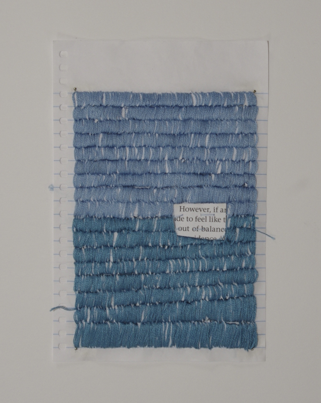 Out of Balance , 2014, found text, embroidery thread, and paper