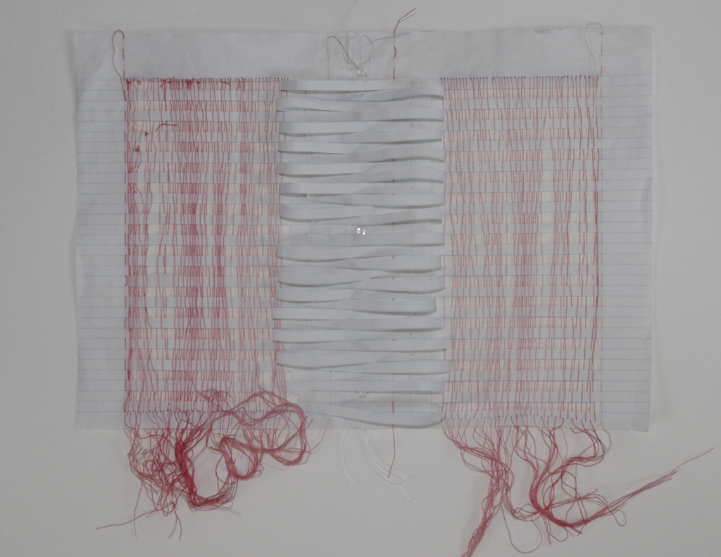 Recto Verso IV , 2014, embroidery thread, beads, and loose leaf paper 