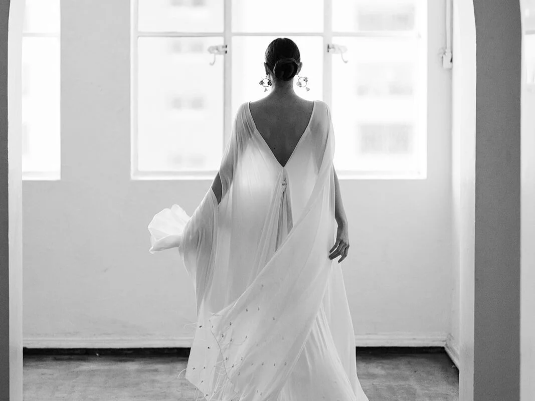 The Giselle, Modern White Wedding Dress With Cape