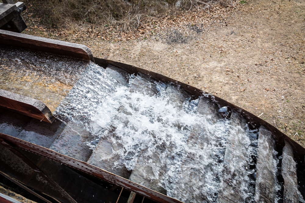 Water turning the 23' Fitz over-shot water wheel