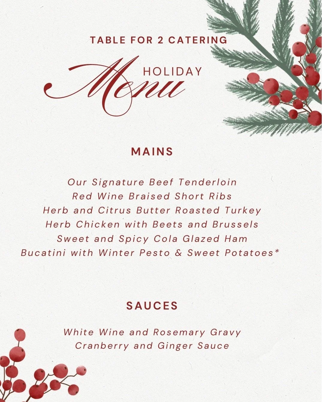 Our Holiday 2025 Menu is here! Place an order for delivery or pickup for your holiday gathering, we also also set up and full service options. Reach out via email info@tablefor2catering.com to get a copy of the PDF menu, or for questions and to place