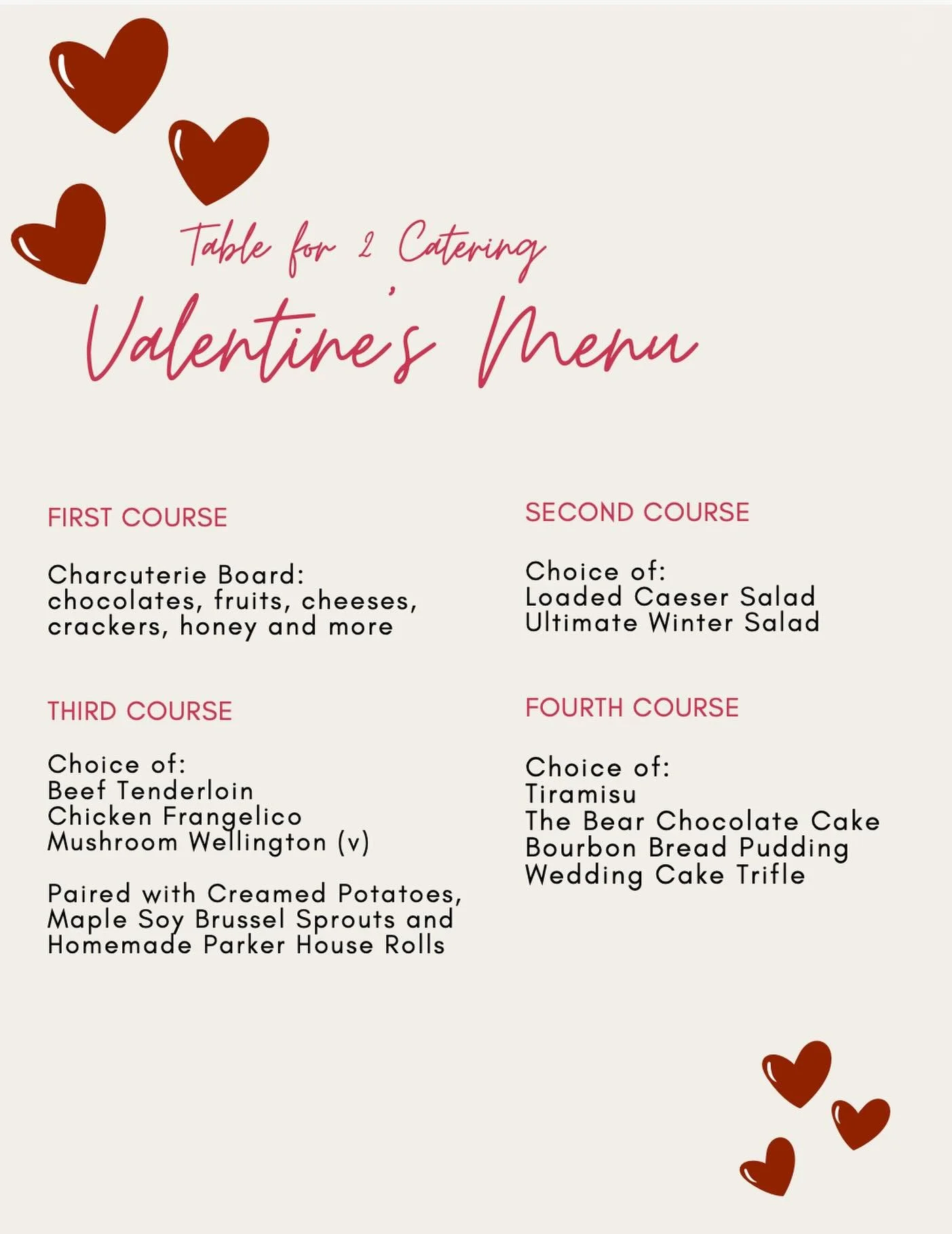 It&rsquo;s time to get those orders in! Next week&rsquo;s meal delivery offering will be this amazing Valentine&rsquo;s Dinner for 2! 💕

Maybe you need to celebrate early on a weeknight or just stay in on the 14th and enjoy time together at home - T