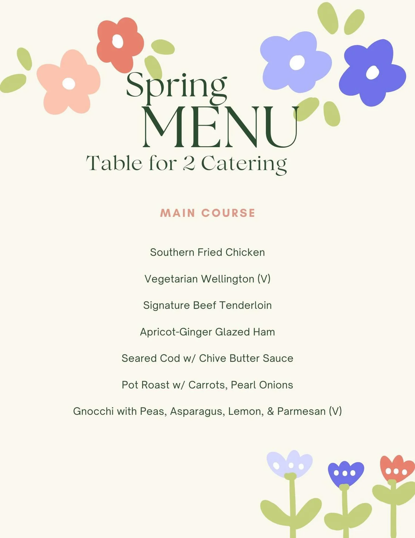Table for 2 Catering&rsquo;s Spring Menu is now available!🌸 We are taking orders for Easter - just a few weeks away!

Order amazing mains, sides, salads, breads, charcuterie and desserts for delivery or pickup Easter Weekend. Orders are due by March
