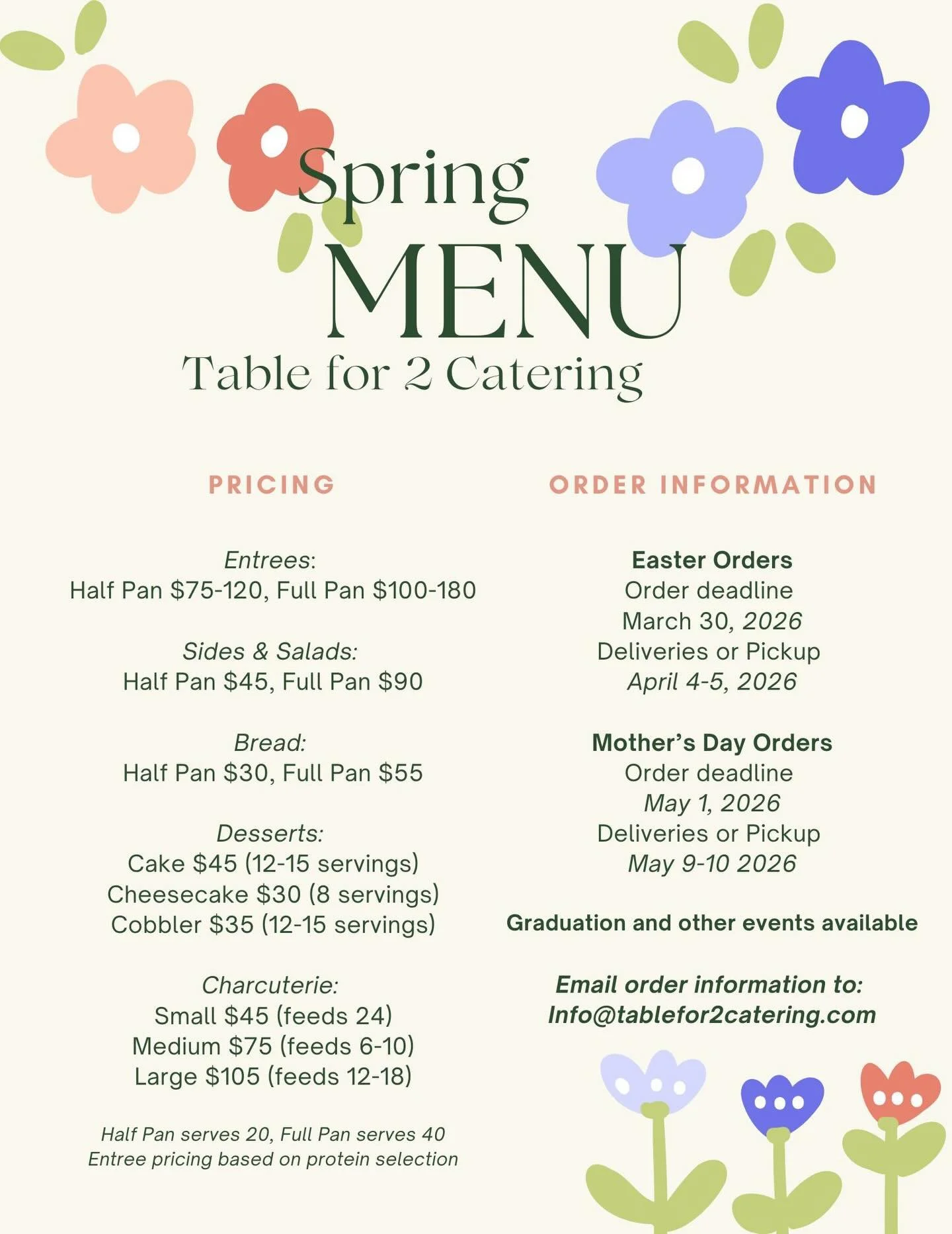 Let T42 take care of Easter this year! Place your orders asap to grab a spot on our delivery schedule and take a day off of cooking for the family🌸 email info@tablefor2catering.com to place an order!