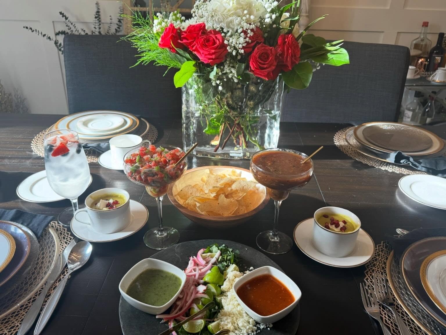Another pre-wedding tasting! This couple has gone with an elevated Mexican theme including avocado soup, watermelon salad, empanadas, street corn dip, chicken enchilada, rice, beans and street tacos. Such a great menu with lots of variety for guests 