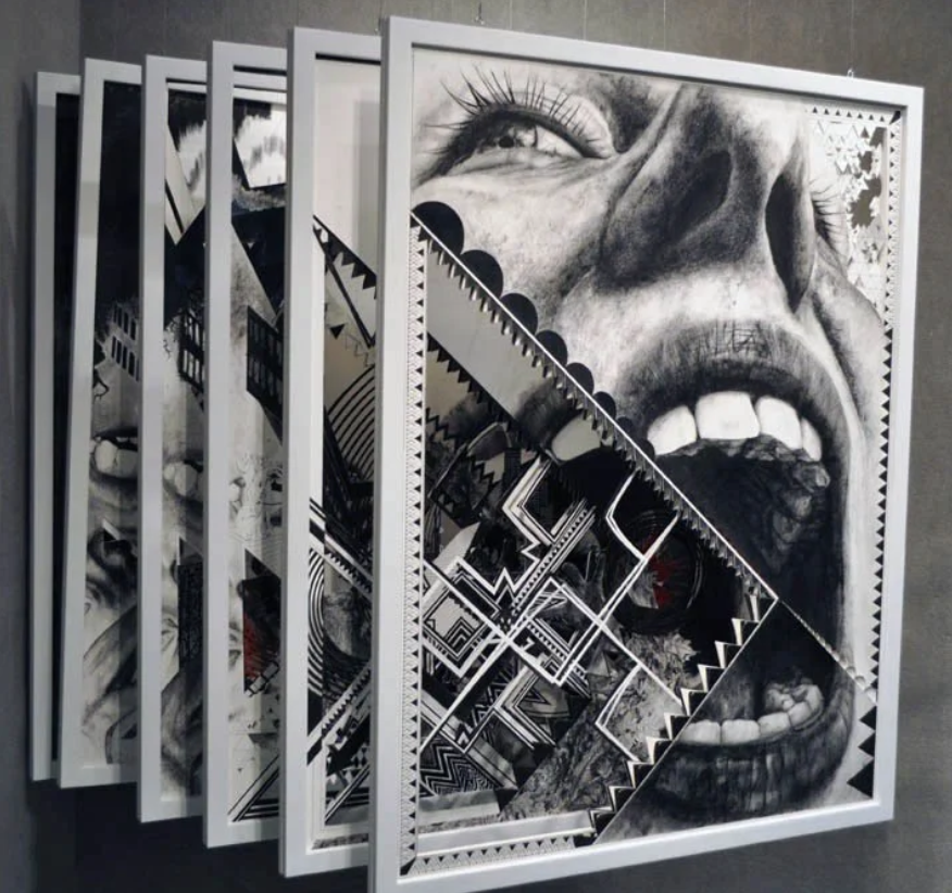 The Fearsome Distance Between What We Say and What We Mean installation, pen on hanging paper and foamcore (6 total), 60'' x 40'' x 66'', 2011