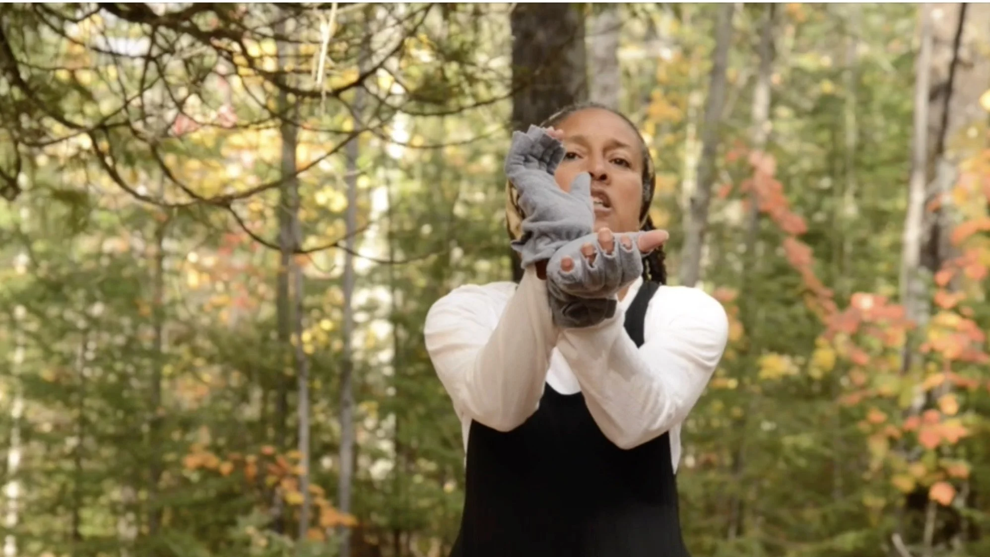 A person wearing a long-sleeved shirt and gloves, standing in a forest with colorful autumn leaves, making a gesture with both hands.