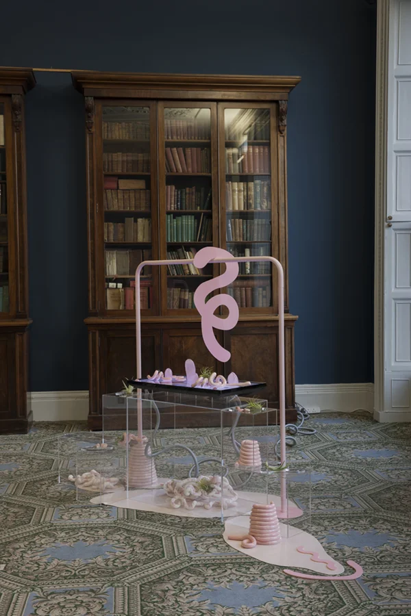 Barbara Knezevic Scapes, (Rose Quartz ), 2018 Rosequartz crystals, pink opals, HD video composed of shutterstock footage, acrylic perspex, silicone, glazed earthenware, bisque fired earthenware, powder coated steel, airplants