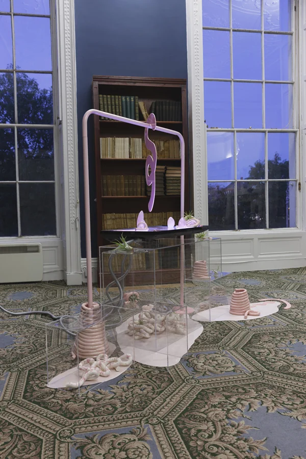 Barbara Knezevic Scapes, (Rose Quartz ), 2018 Rosequartz crystals, pink opals, HD video composed of shutterstock footage, acrylic perspex, silicone, glazed earthenware, bisque fired earthenware, powder coated steel, airplants