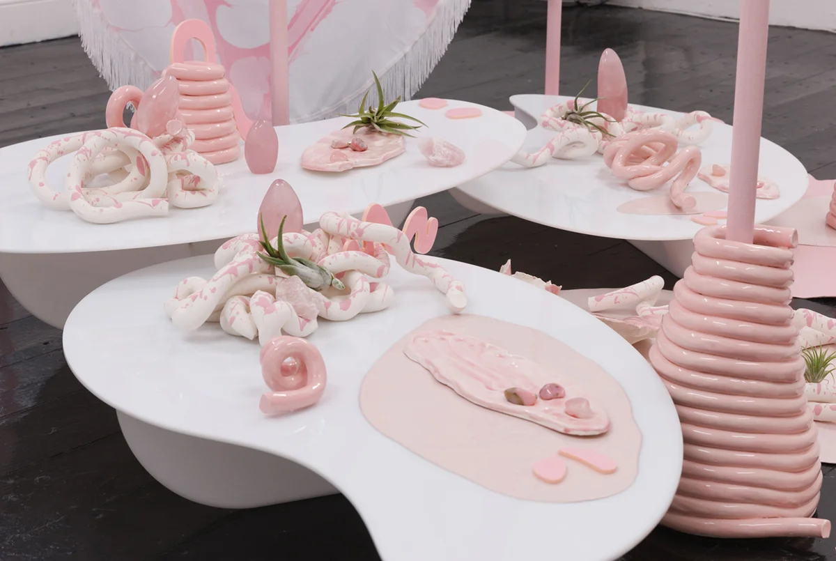 Tools for wellbeing, ‘Scapes: Rose Quartz’, 2018. Rosequartz crystals, pink opals, acrylic perspex, silicone, glazed earthenware, bisque fired earthenware, powder coated steel, marbled fabric, photographs, airplants.