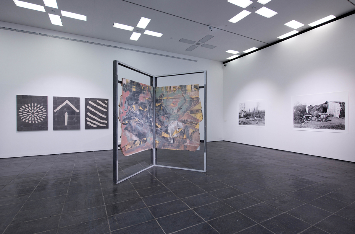 Open Ground (foreground) emulsion paint on wood on plaster with mixed media, 2.4m X 2.8m, 2016