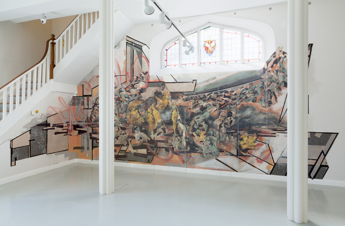 How many is a million? linoleum flooring, paper, tape, emulsion tape applied directly on gallery wall, 8m X 3m , 2016