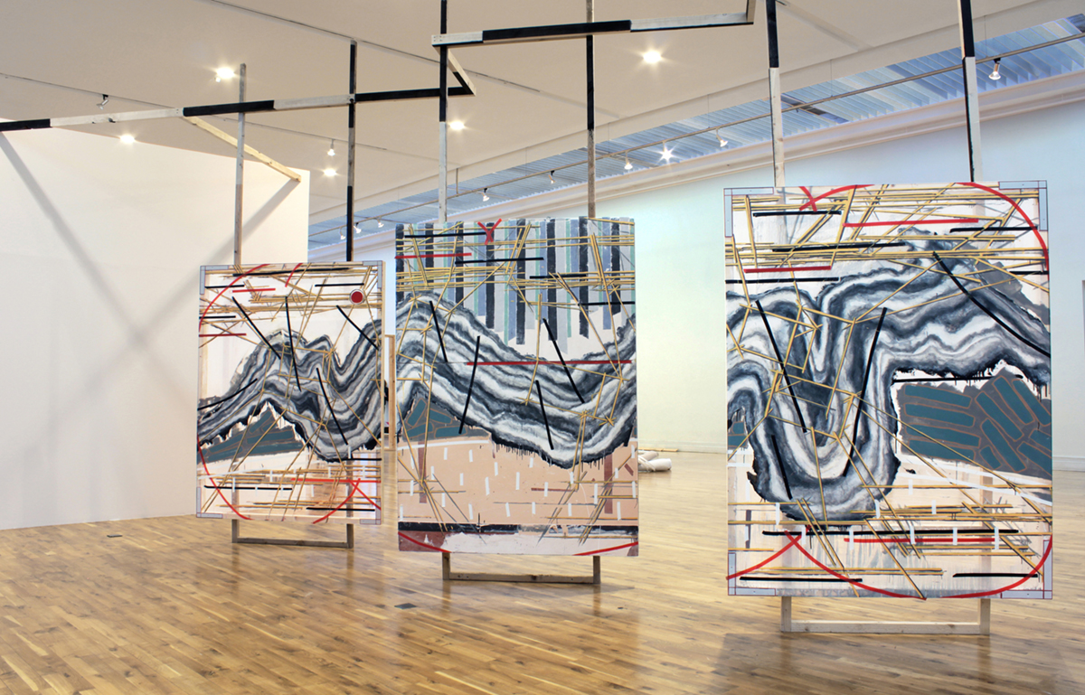 The view from the hilltop wood, marmoleum flooring, perspex, plaster, household paints, insulation tape 395cm X 210cm (triptych) , 2013