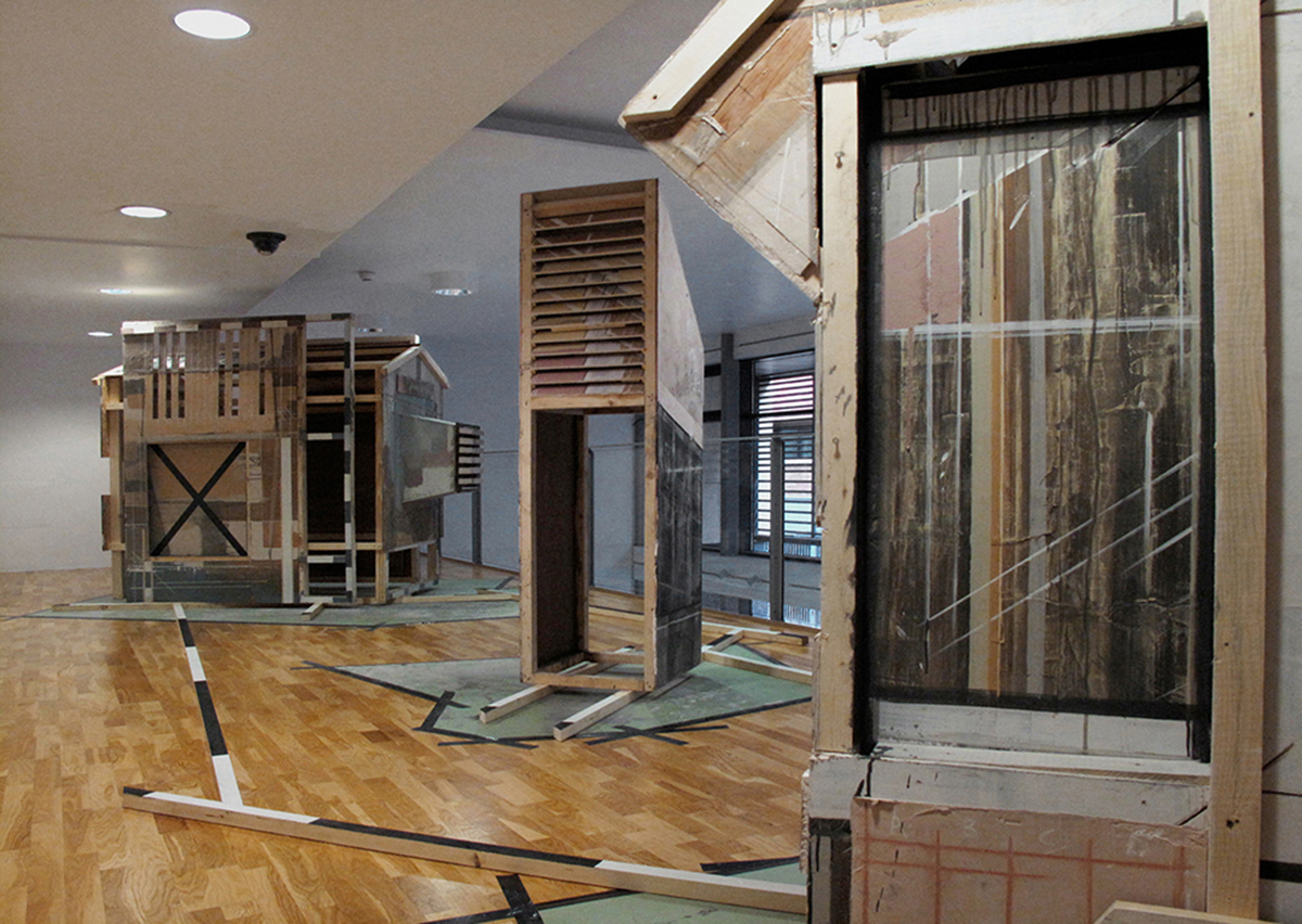 Between leaving and a possible return emulsion paint, plaster, wood, duck tape, linoleum flooring, dimensions variable , 2012