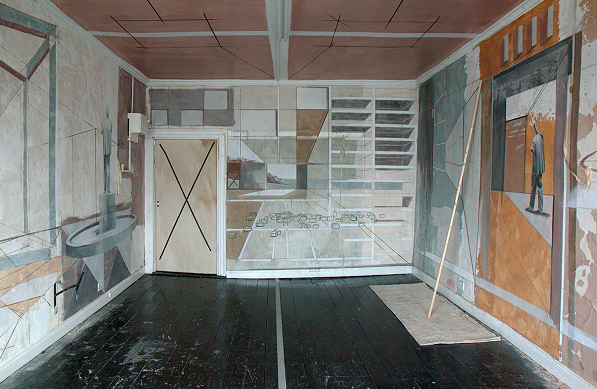 Changeable Limit plaster, emulsion paint, wood, painters drop-cloth, dimensions variable , 2011