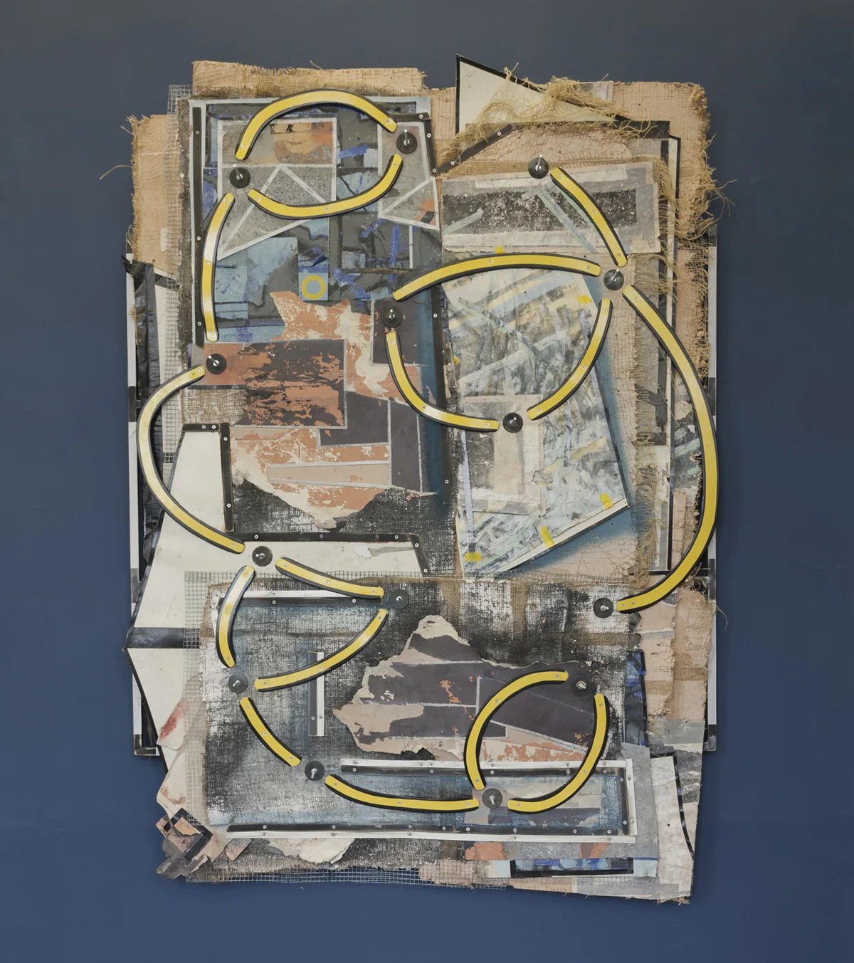 Running under the seracs , 2018 Household emulsion paint, plaster, burlap, wire mesh, timber, paper, plastic sheeting, linoleum flooring, tape, bolts, 185cm X 135cm, private collection