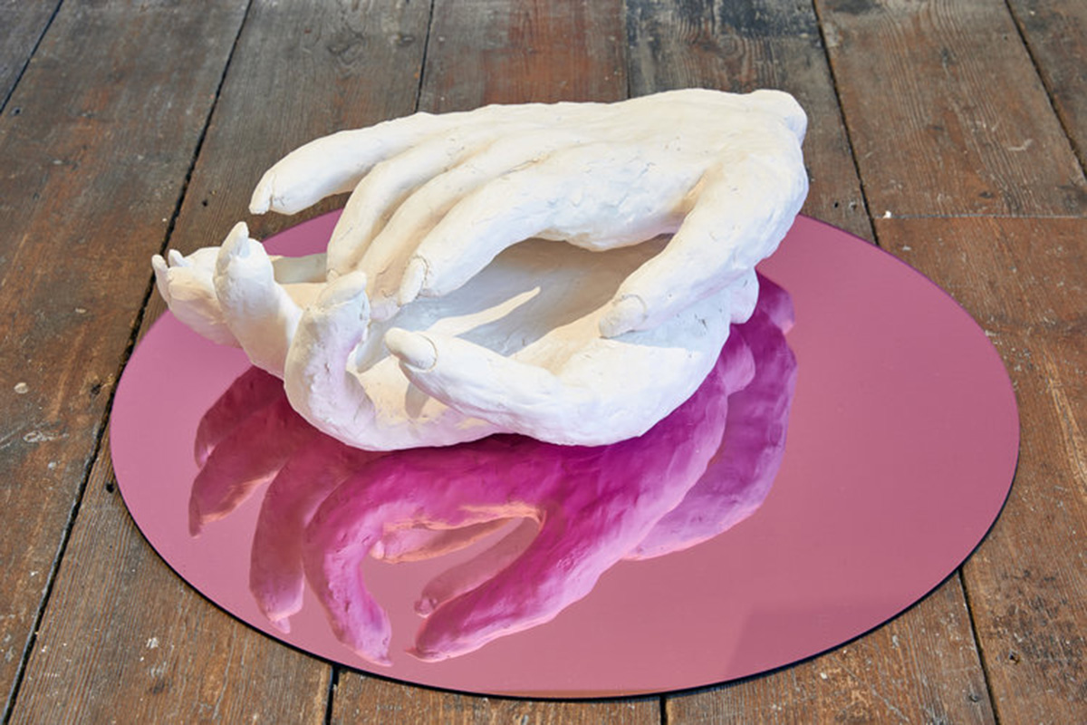 Her hands, 2017 ceramic, mirrored acrylic, 15 x 50cm diameter