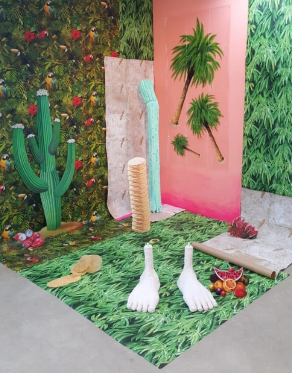 Untitled , 2016 Hand built ceramics, plaster, polystyrene, wood, acrylic paint, oil paint, plastic, wall paper, dimensions variable