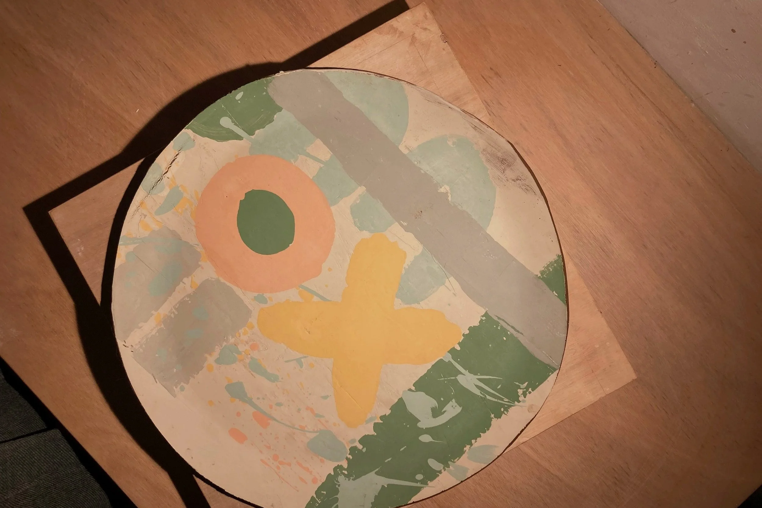 Bisque Fired mono-printed platter in ceramic studio