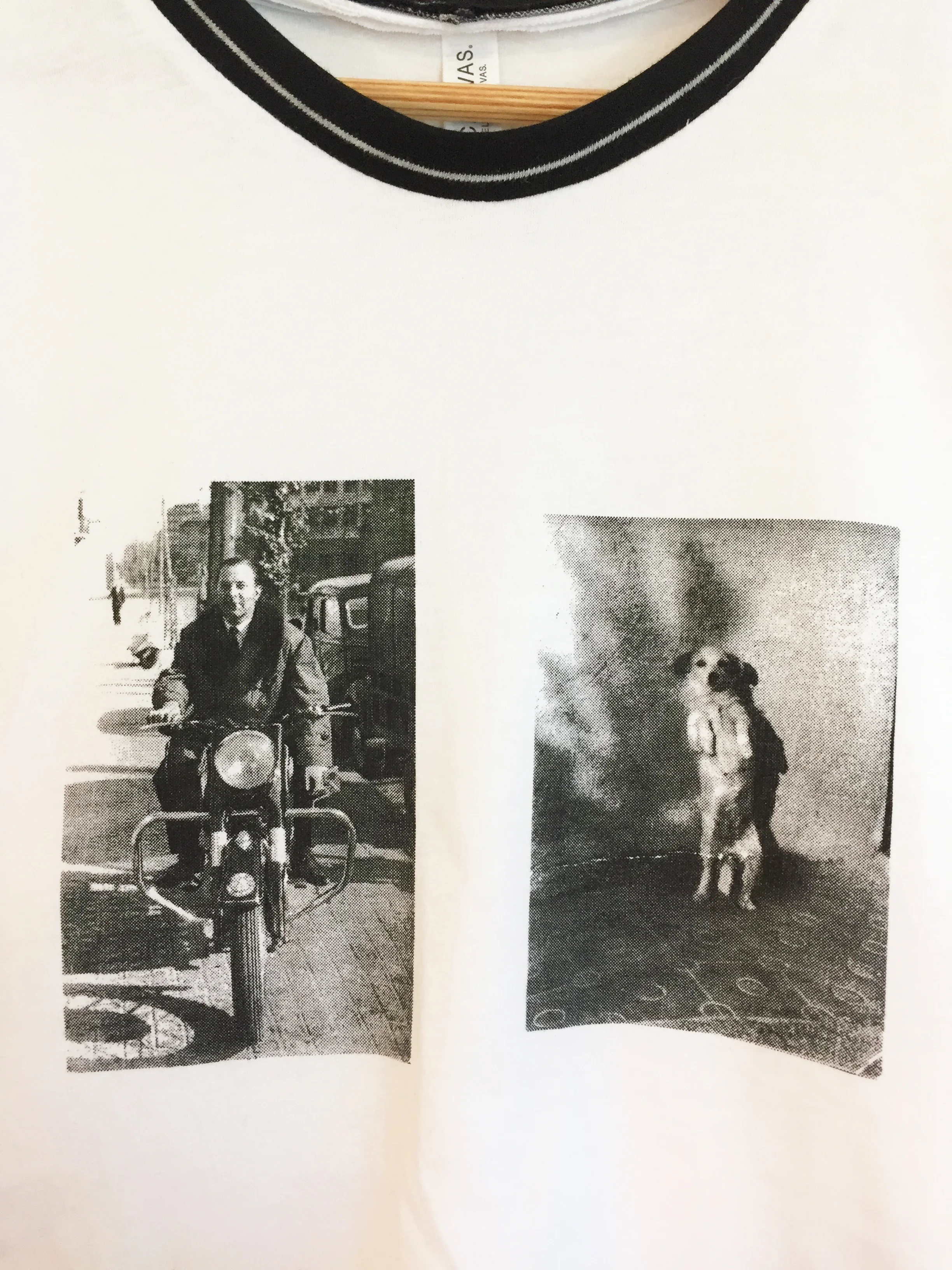 Closeup of vintage photos on the 'Begging for Attention' original t-shirt by Slow Process