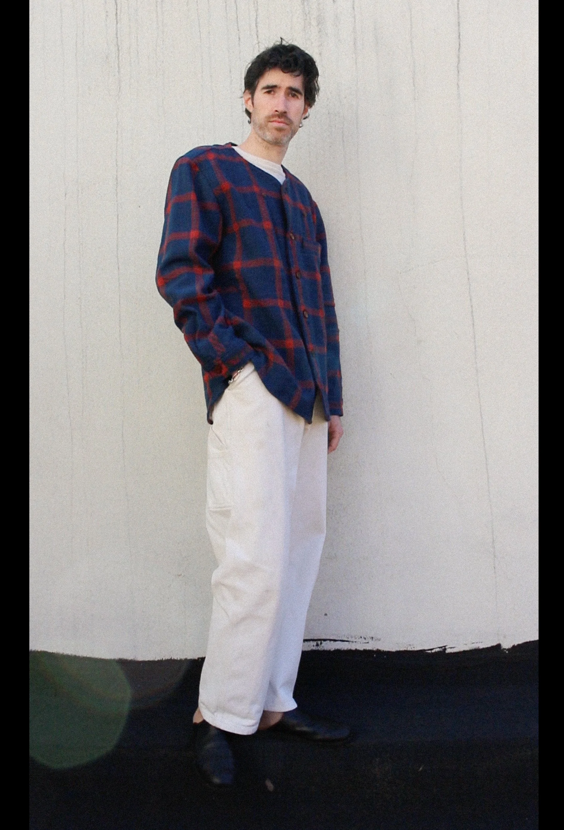 Stadium Buttondown in Indigo & Turkey Red Plaid Wool c. 1800s | Size L