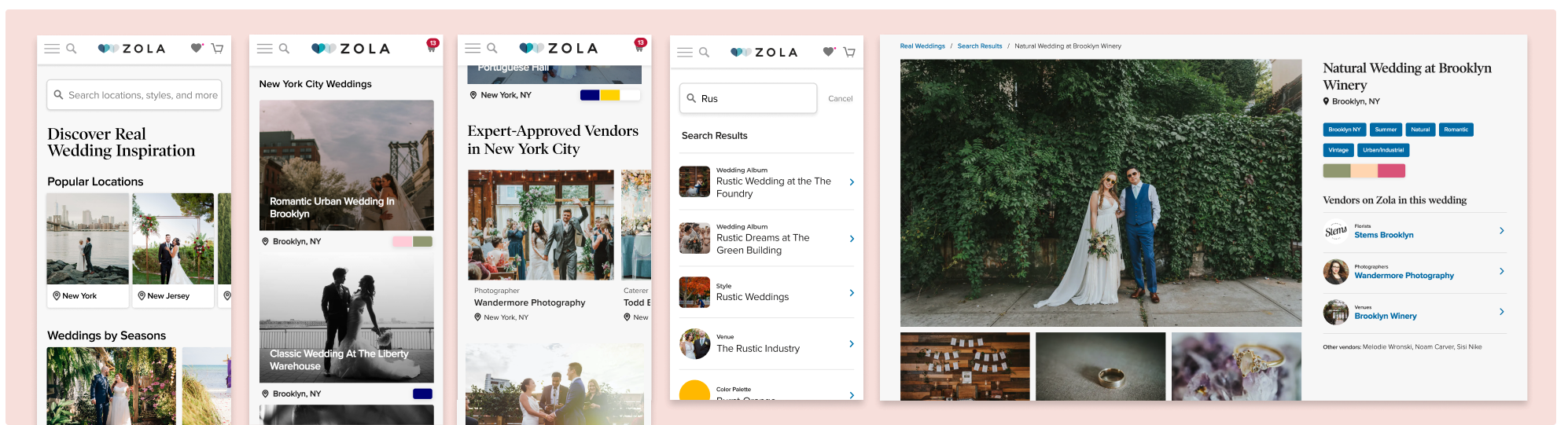 Couples can search and browse real weddings, which include albums tagged and directly linked to vendors on Marketplace.
