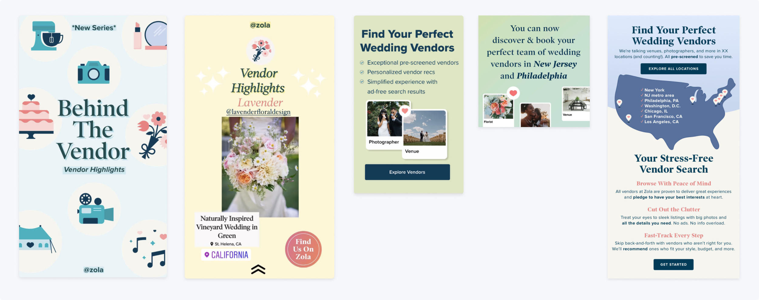 Couple-facing marketing samples for Vendor Marketplace across social, CRM, and on-site cross-sells.