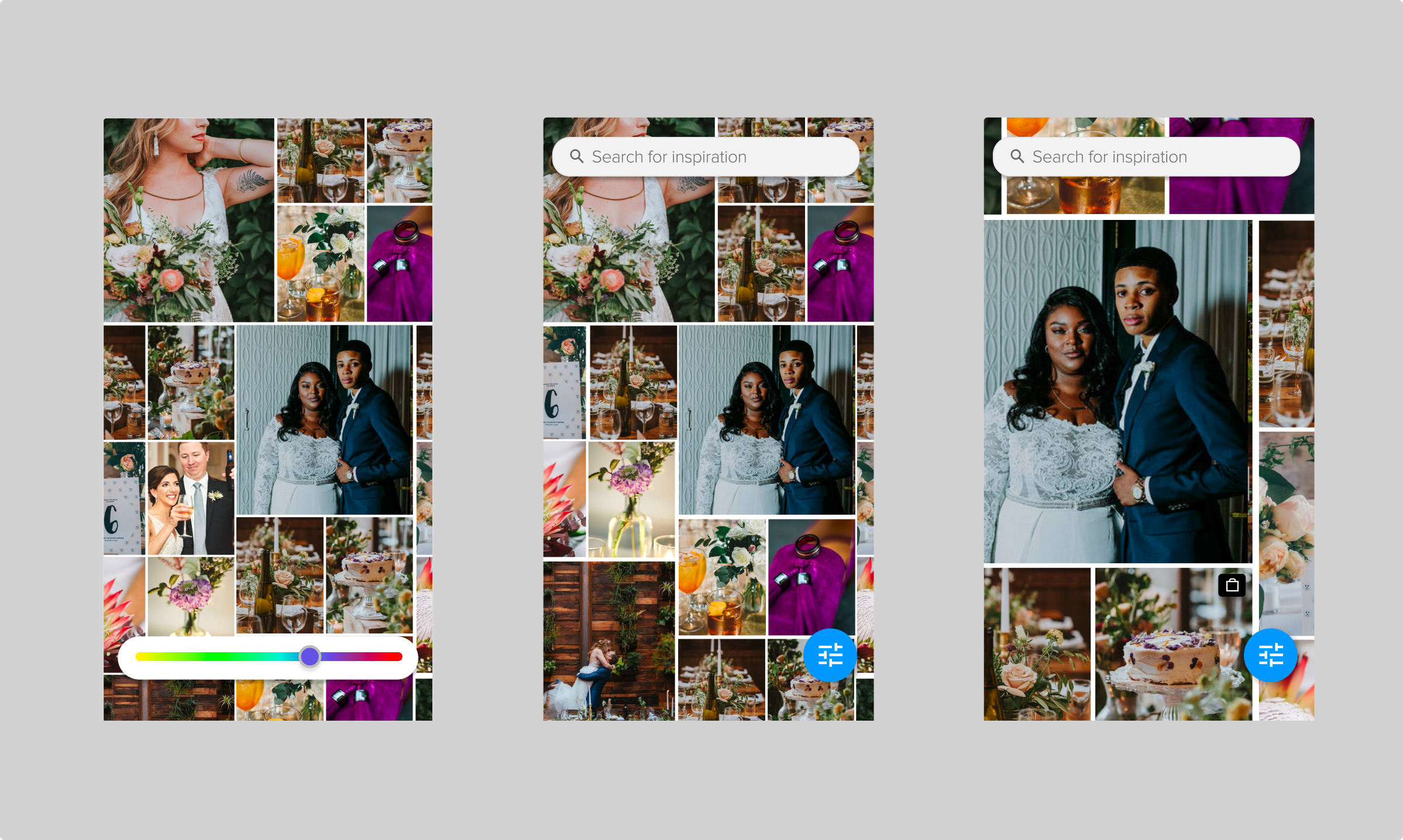 Early mocks for an image-first visual search platform powered by decoupled wedding images