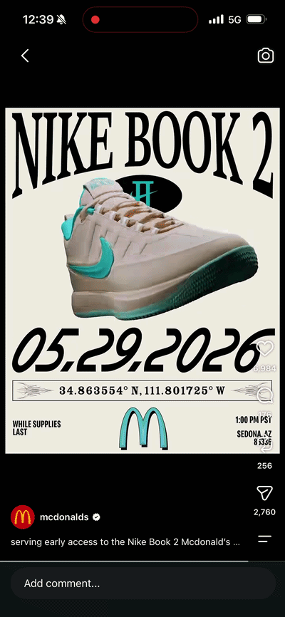  What started with a hyper-limited Friends &amp; Family shoe became a social and digital launch spanning feeds, inboxes and the McDonald’s App—and helped build anticipation for the wider Book 2 x McDonald’s release. 