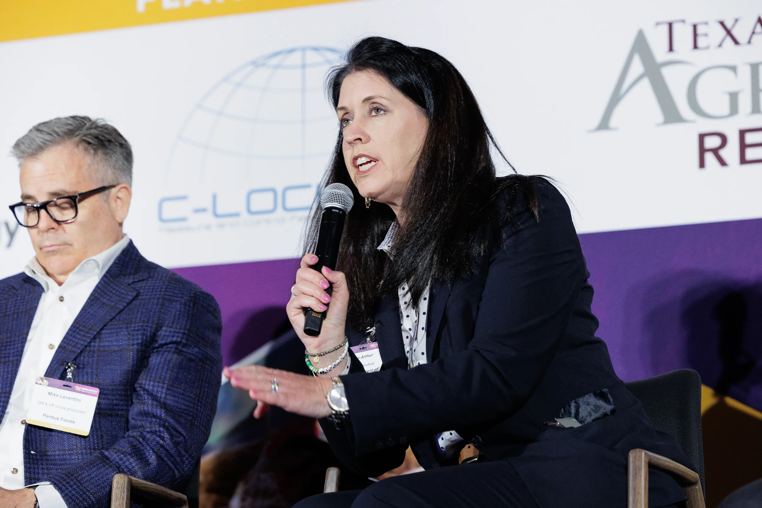 Panelist speaks into microphone during seated panel discussion at Orlando corporate conference