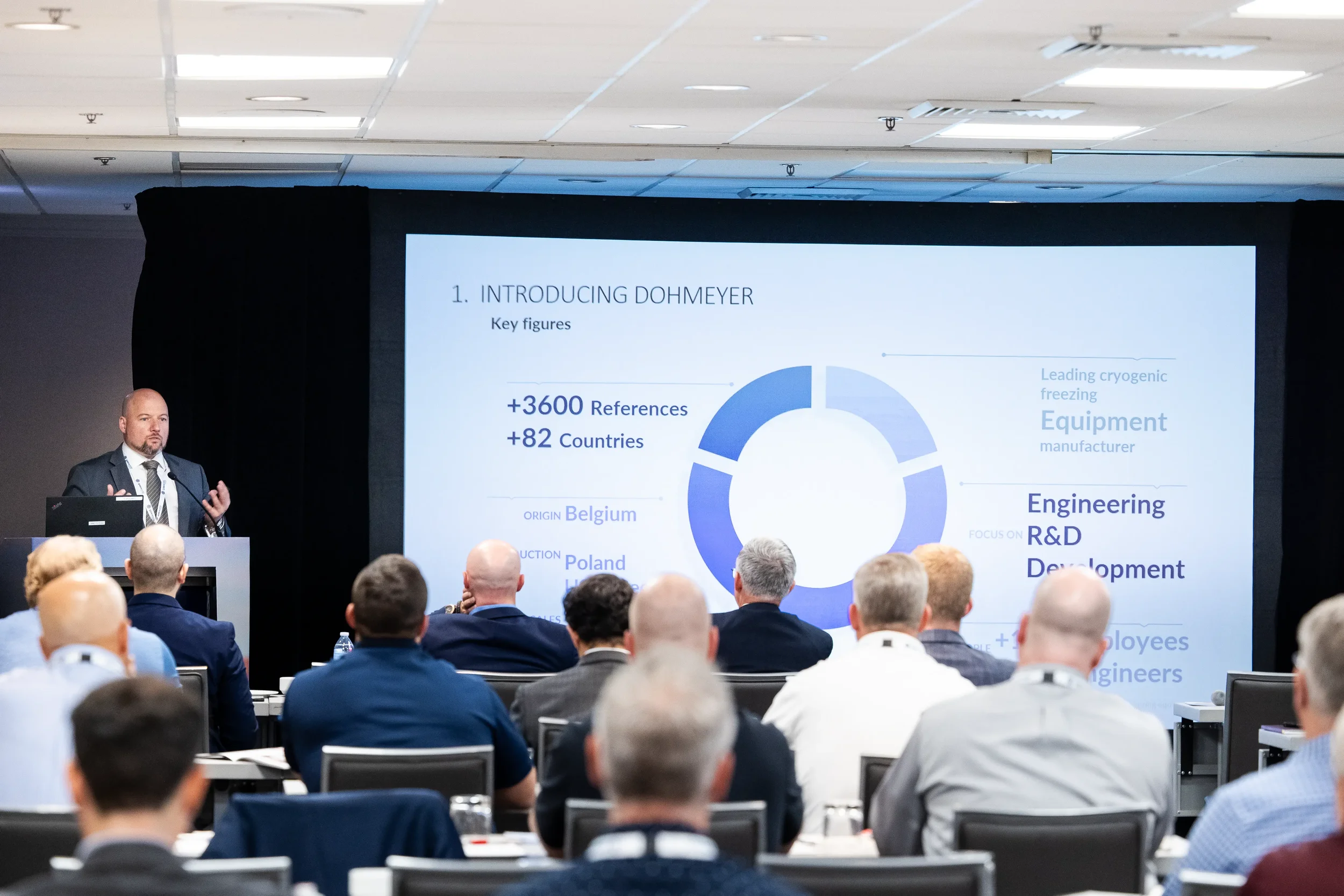 Speaker presents company overview to seated audience during breakout session at Chicago conference