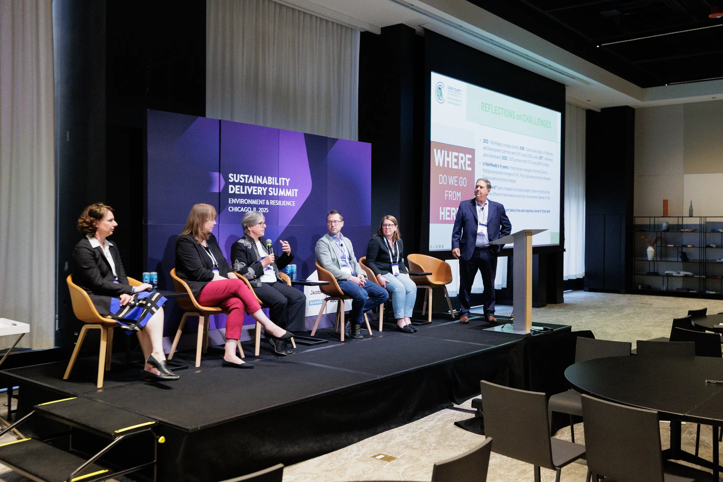 Five panelists and moderator discuss on branded stage during Chicago industry summit session
