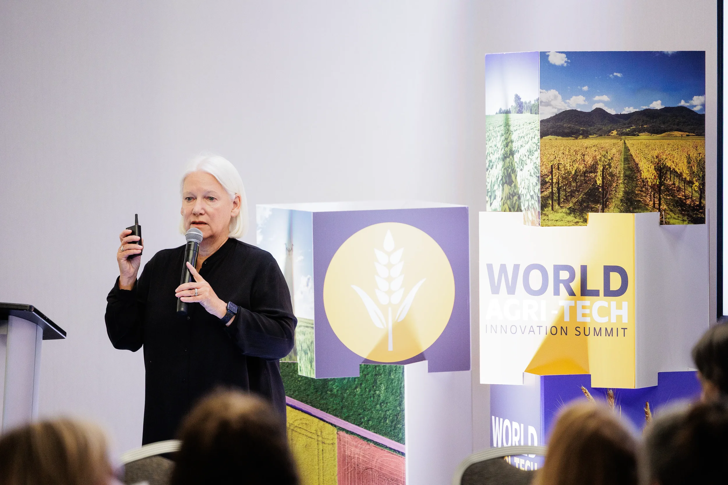 Female speaker presents with microphone beside branded column display at Chicago corporate event