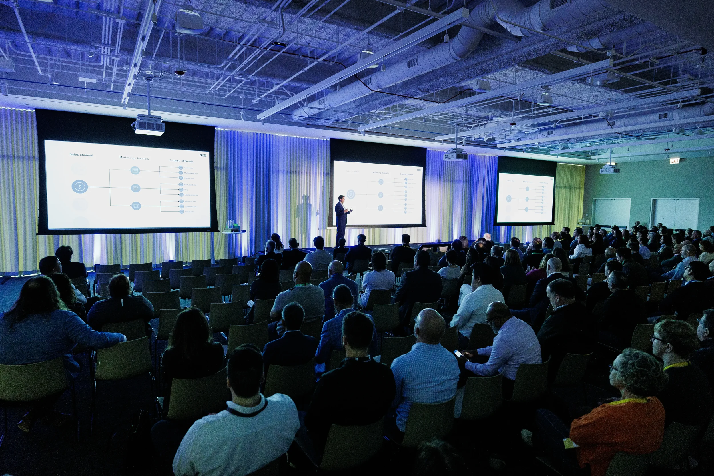 Seated audience watches speaker present before three projection screens at Chicago industry conference