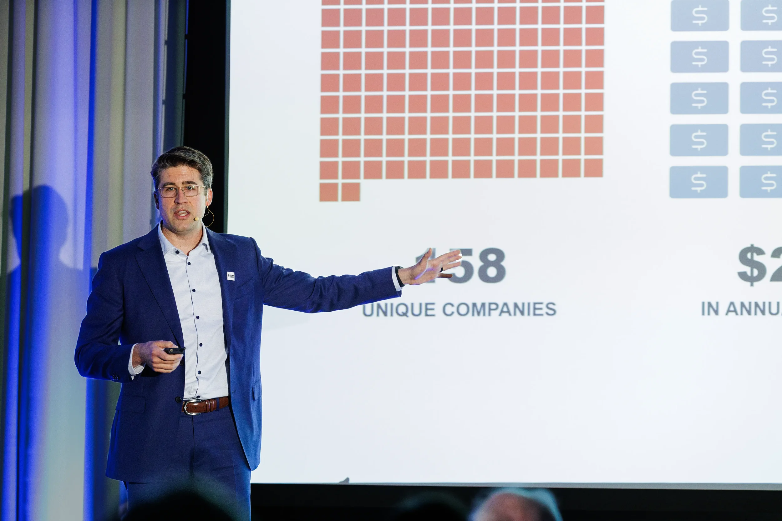 Speaker in blue suit gestures toward statistics slide on stage at Orlando industry conference