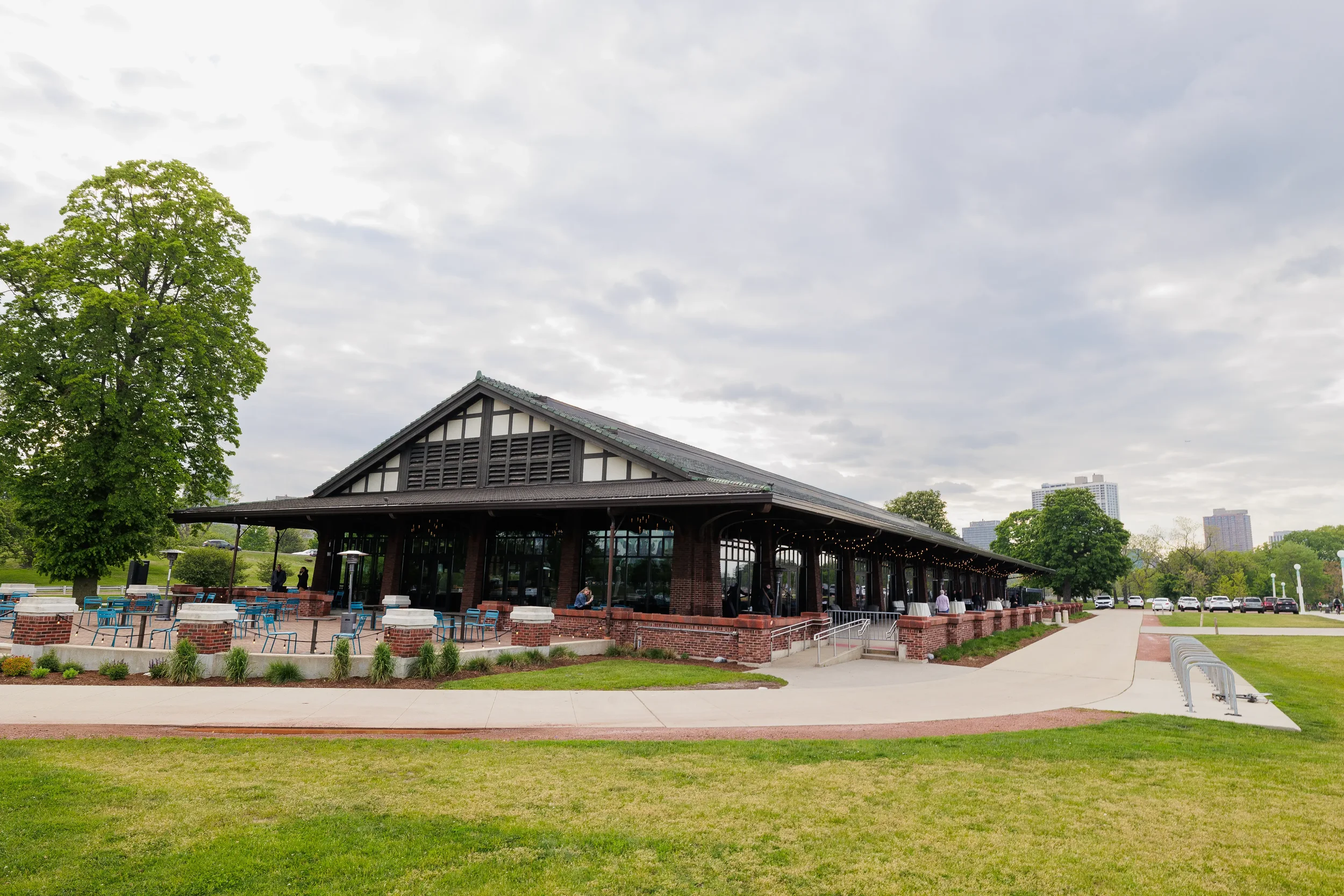 Venue exterior with outdoor patio and string lights set up for Orlando reception