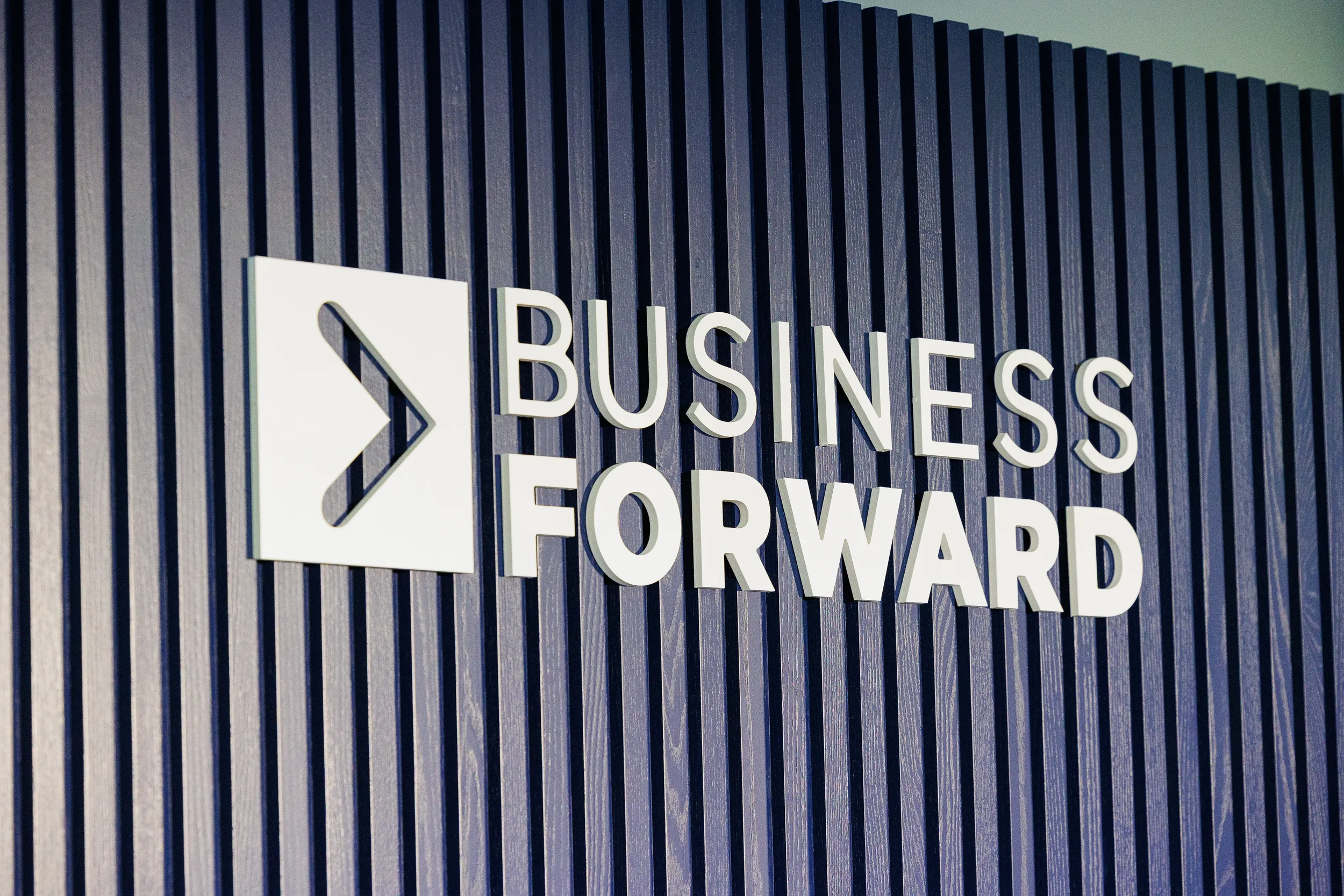 Closeup of branded conference signage on display at Chicago corporate event venue