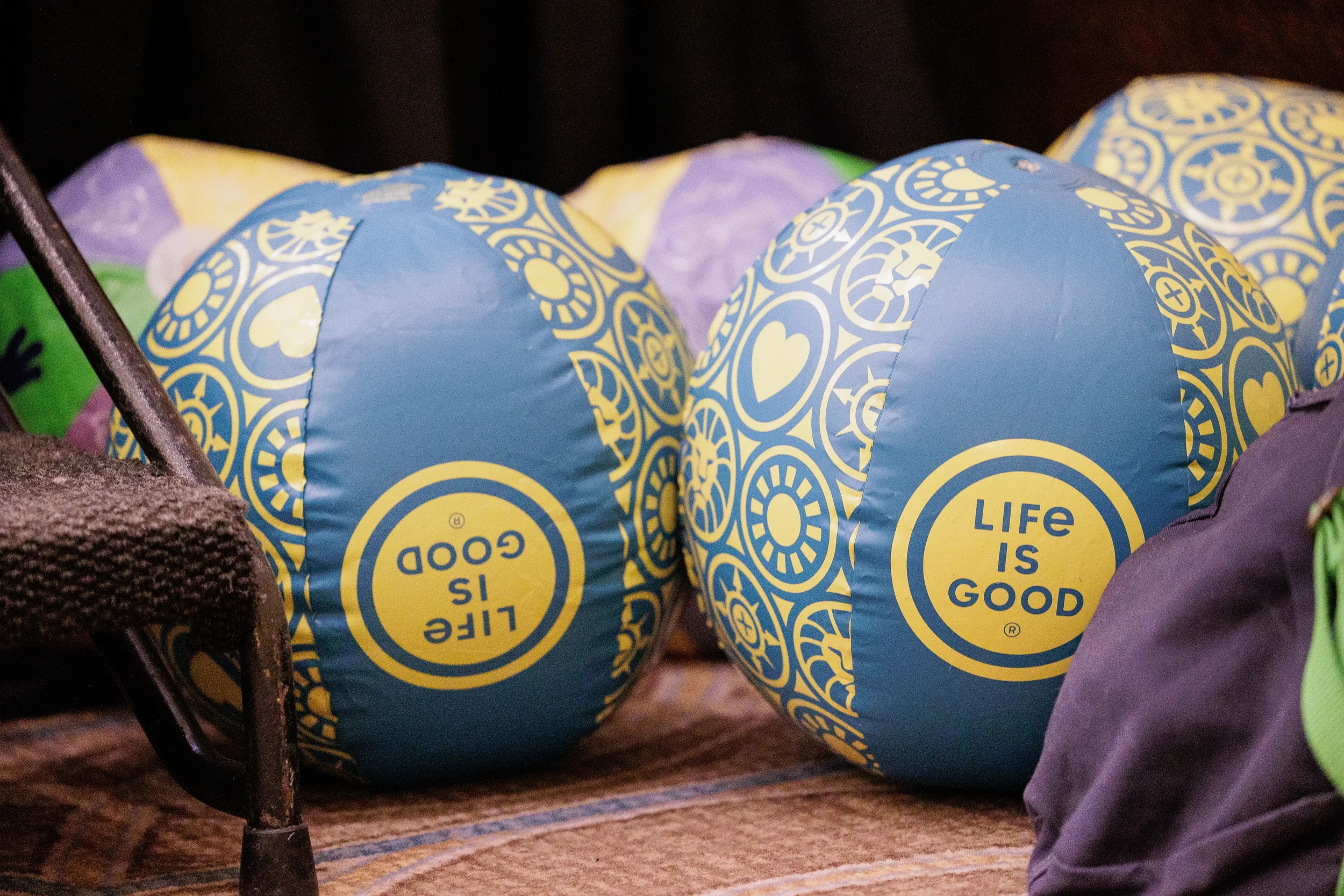 Closeup of branded inflatable balls on display at Orlando nonprofit conference event