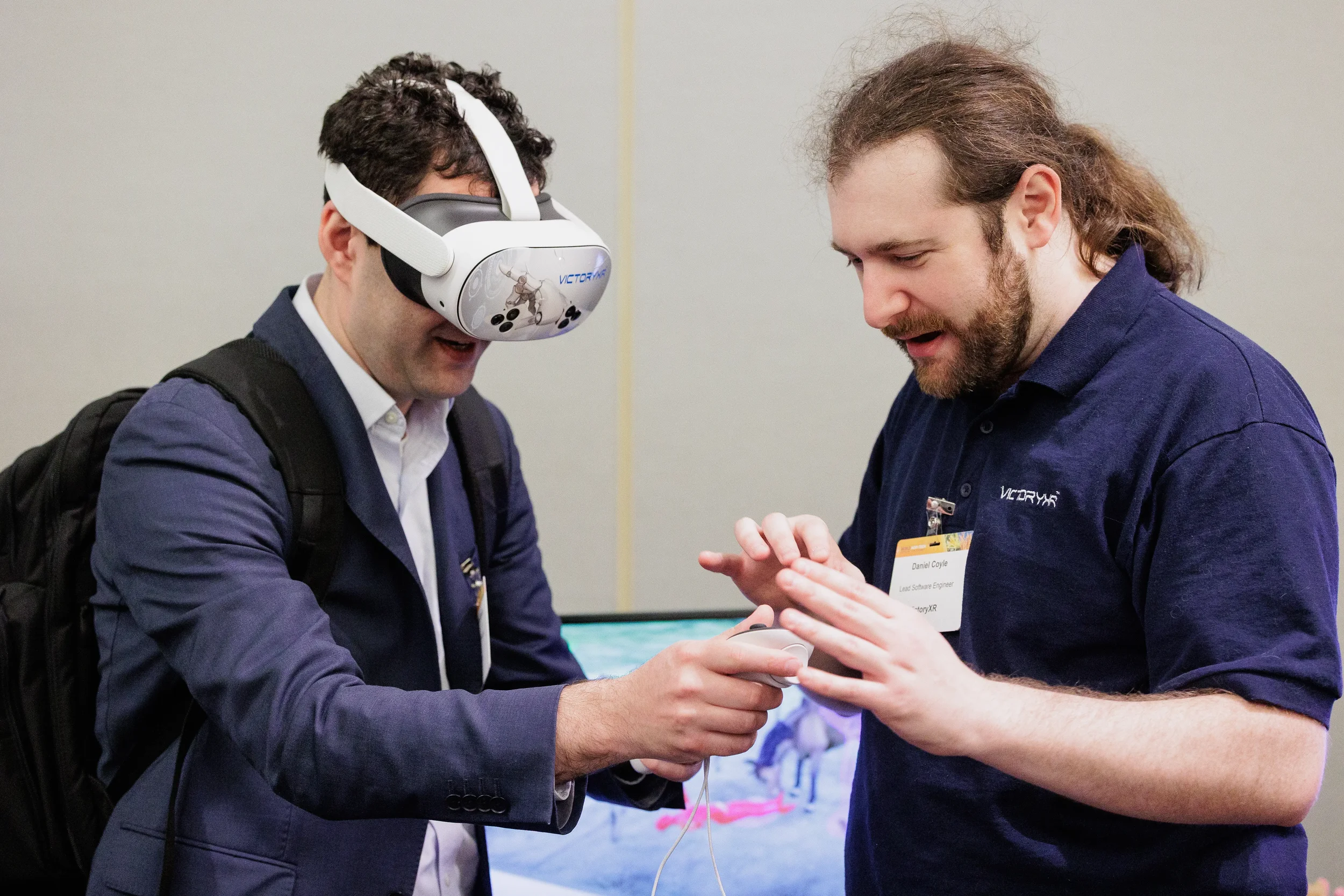 Attendee tries VR headset at exhibitor booth demo on Chicago industry conference trade show floor