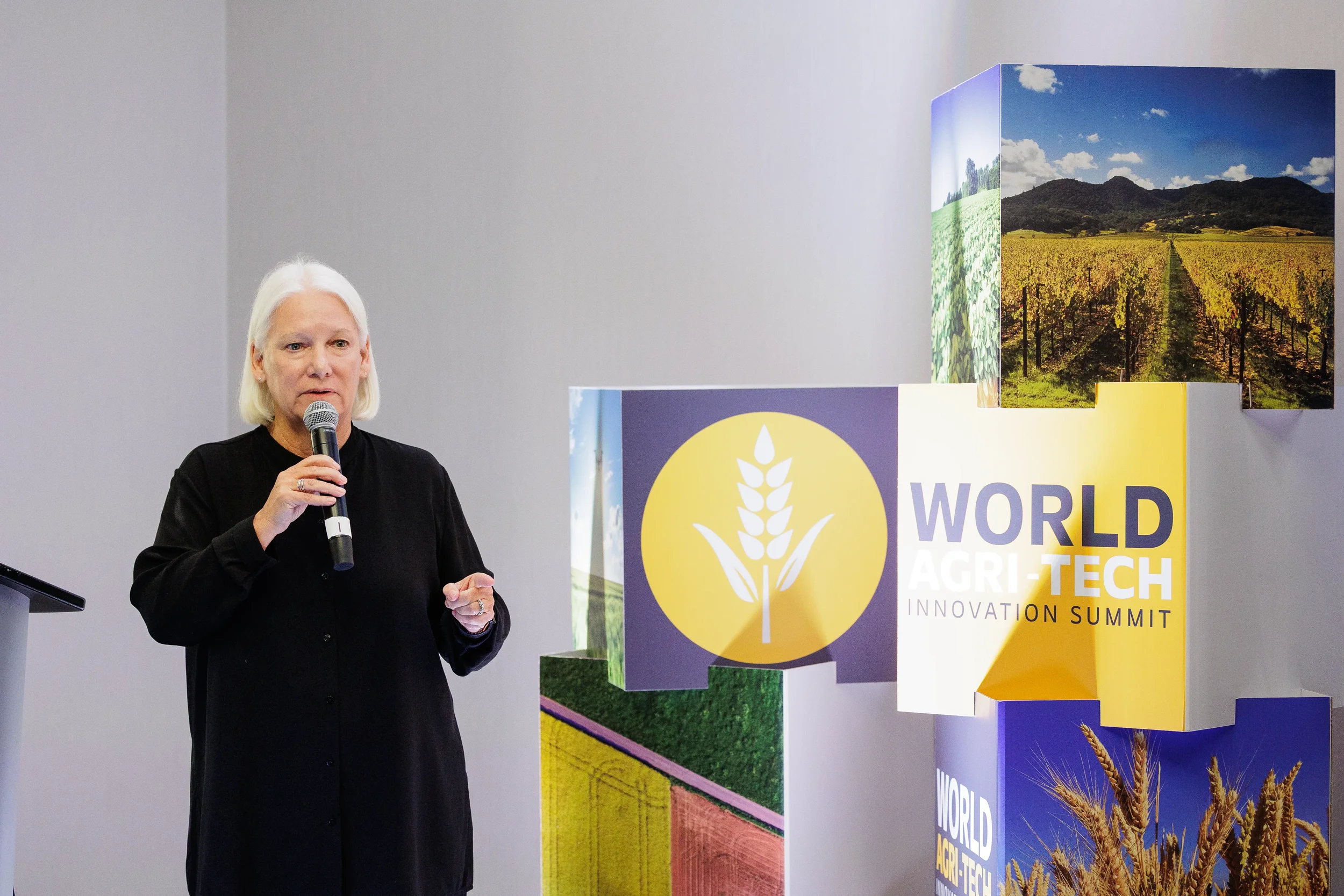 White-haired female speaker holds microphone beside branded column display at Chicago corporate event