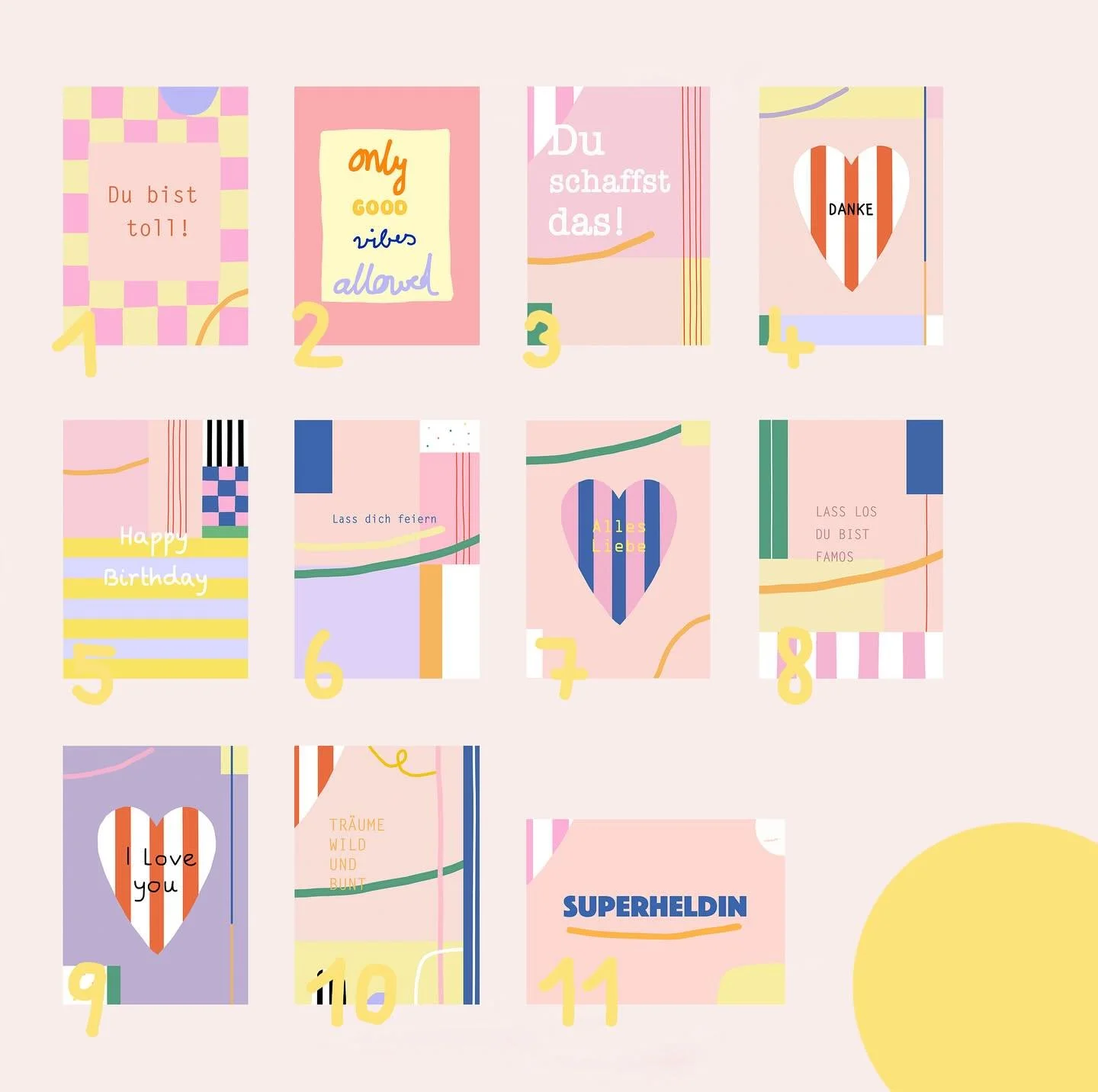 NEU NEU NEU!!! Ich habe Euch einen bunten Postkartenmix 🟡🟠🔴🟢🔵🌈 in meinem Onlineshop zusammengestellt. 11 verschiedene Designs, die echte Alltagsvers&uuml;sser, Mutmacher, Motivationsbooster &amp; Vertrauensschenker sind! Ein bunter Haufen zum V