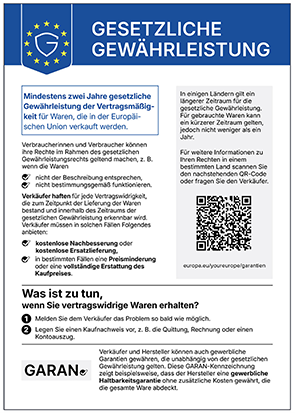 Informationsposter zur gesetzlichen Gewährleistung, mit Text und EU-Logo