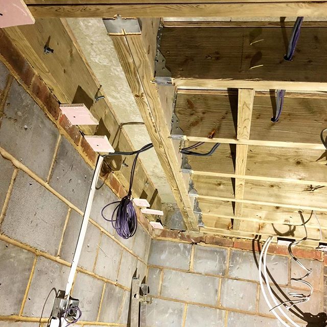 Floor joists cleverly arranged to house drainage from bathroom #timberjoists #houseextension
